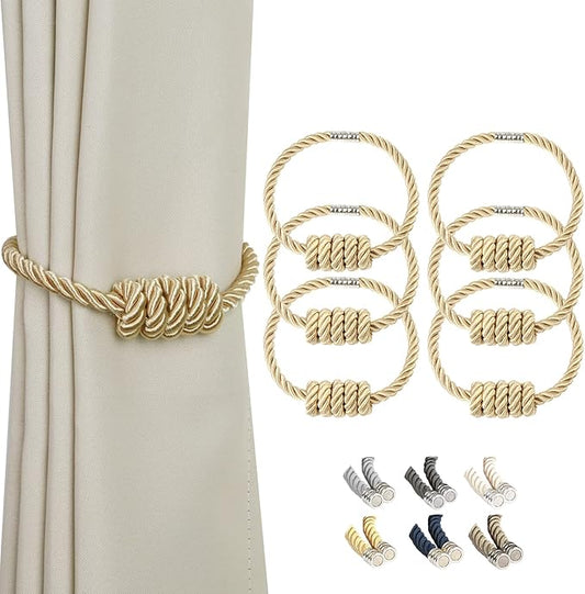 BEL AVENIR Magnetic Curtain Tiebacks, Decorative Drapery Holdbacks Modern Woven Tie-Backs with Exquisite Knot (Gold, 6 Pack)