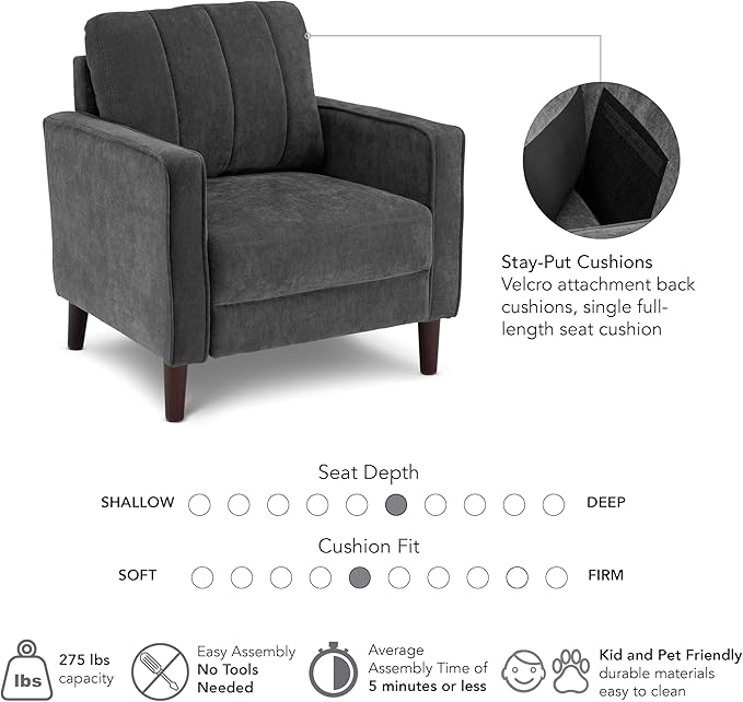 Bush Home 32-inch Accent Chair, Living Room Furniture, Max Collection, Iron Gray Chenille Fabric