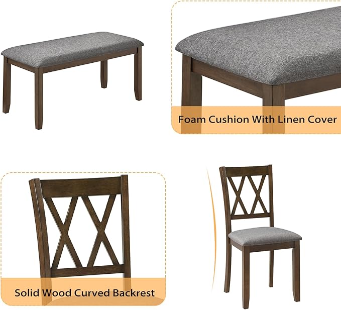 6-Piece Solid Wood Dining Table Set, Dining Table & Chair Set for 6, Including 1 Dining Table, 4 Upholstered Chairs and 1 Bench, Dining Table Set for Dining Room & Kitchen, Walnut