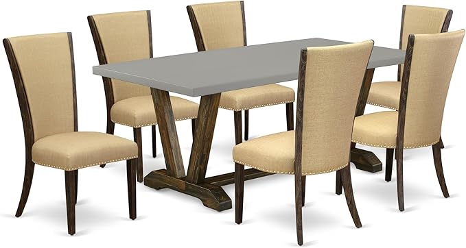 East West Furniture V797VE703-7 7 Piece Kitchen Table & Chairs Set Consist of a Rectangle Dining Room Table with V-Legs and 6 Brown Linen Fabric Upholstered Chairs, 40x72 Inch, Multi-Color