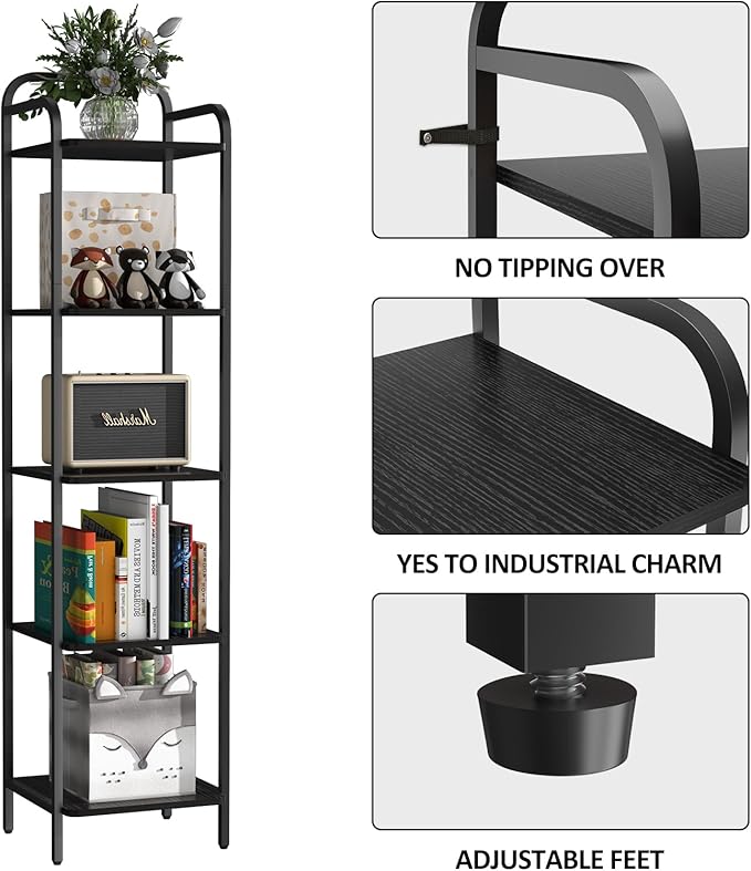 Book Shelf, 5 Tier Bookshelf, Bookcase with 5 Shelves, Storage Rack Organizer, Corner Wood Storage Shelf with Metal Frame for Bedroom, Living Room, Black