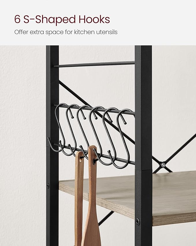 VASAGLE Kitchen Shelf on Wheels, Serving Cart with 3 Shelves, Kitchen Cart, Microwave Shelf, for Mini Oven, Toaster, with 6 Hooks, Industrial Style, Greige and Black UKKS060B02