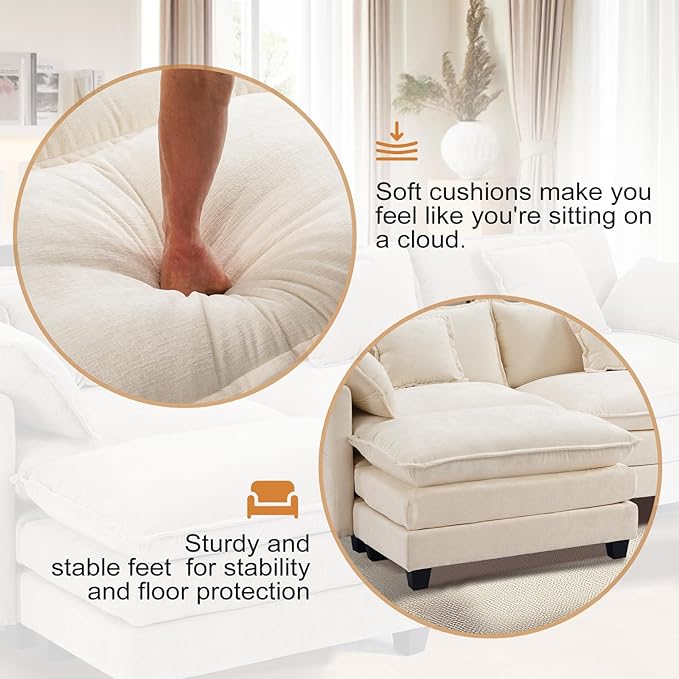Furniliving 112‘’ L-Shaped Sofa, Luxury Chenille Modular Sectional Couches with Ottoman, Upholstered Deep Seat Sleeper Sofa with Memory Foam and Waist Pillows, Beige