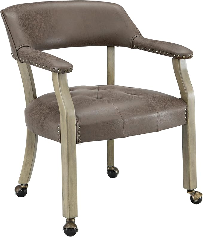 LEEMTORIG Large Dining Chairs with Casters and Arms, Rolling Dining Chairs with Wheels, Solid Wood Boss Caption's Chairs Office Chairs, 26"D x 25.2"W x 31.5"H, Soft Grey Legs & Dark Brown SY-1318-DK