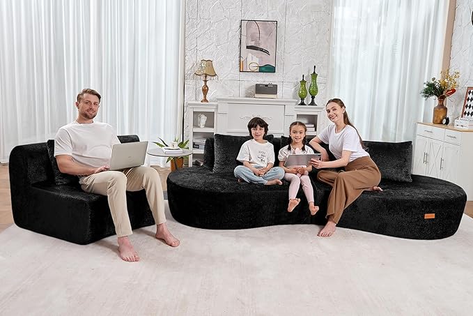 Homguava 130'' Modular Sectional Sofa,Curved Modern Sofa with Memory Foam,Deep Seat Cloud Couch with 4 Pillows,Upholstered Oversized Couches for Living Room Apartment Office,No Assembly Required-Black