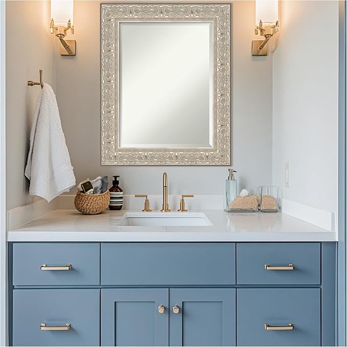 Amanti Art Silver Bathroom Mirror for Over Sink, 31x25 Luxe Silver Cream Rectangle Vanity Mirror, Medium Traditional Frame, Hangs Horizonally and Vertically, Bathroom Wall Decor, Beveled Edge