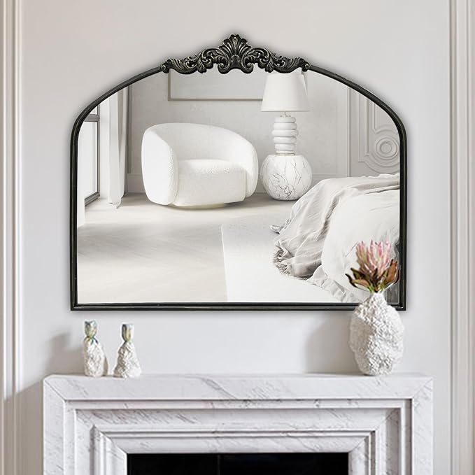 WAMIRRO Arched Mirror,Black Traditional Vintage Ornate Baroque Mirrors,Antique Brass Mirrors for Entryway/Fireplace/Living Room/Hallway/Bathroom.30“X36“ Balck