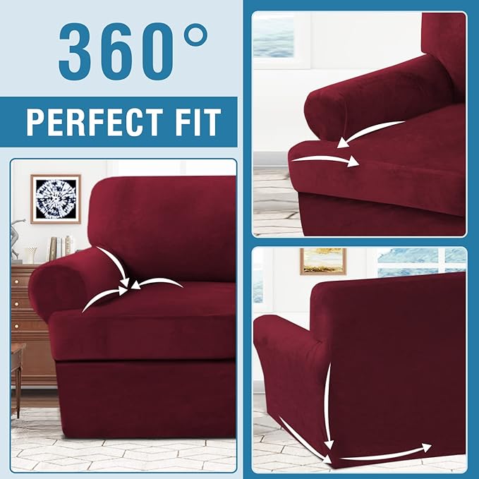 H.VERSAILTEX Sofa Cover 2 Piece T Cushion Armchair Slipcovers Velvet Couch Cover Furniture Protector Stretch T Cushion Sofa Covers for 1 Cushion Couch with 1 Individual T Cushion Covers, Burgundy