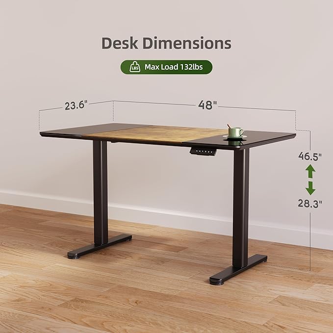 INNOVAR Glass Standing Desk, 48 x 24 Inches Height-Adjustable Desk, Tempered Glass and Wooden Top, Quick Install Home Office Stand Up Desk with 4 Presets, Black Glass and Brown Wood
