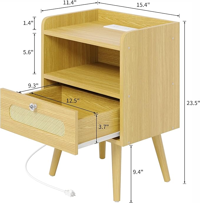 End Table with Charging Station, Nightstand with Diamond Handle and Rattan-Style Drawer, Bedside Table, Light Oak