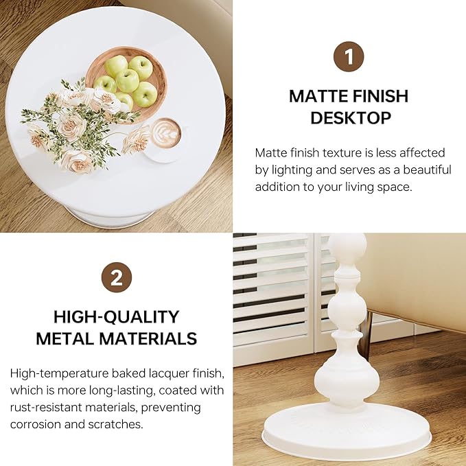 XIV Metal Small Round Side End Table, Vintage Matte Coffee Drink Cocktail Table, Accent Pedestal Table for Living Room Corners and Small Spaces, 21'' Height (White)