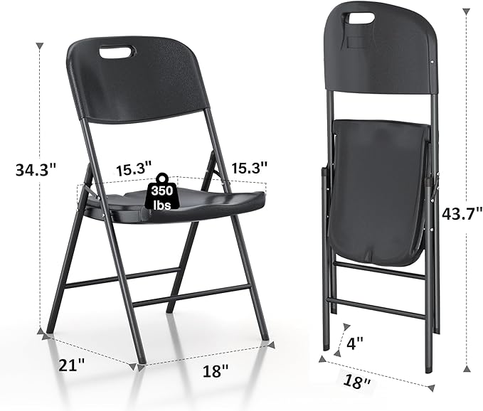VECELO 4 Pack Folding Chairs, Indoor/Outdoor Use Plastic Seat with Steel Frame, for Events, Office, Wedding, Party, Stackable & Portable, Black