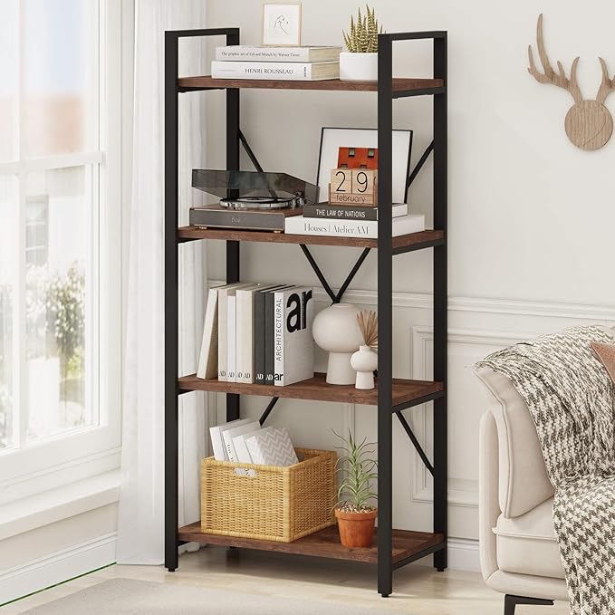 BON AUGURE Industrial 4 Tier Bookshelf, Modern Open Etagere Bookcase, Wood Metal Vintage Shelving Unit for Office Bedroom and Living Room, Heavy Duty Book Shelf (Rustic Oak)