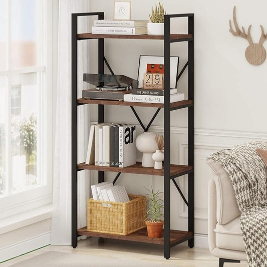 BON AUGURE Industrial 4 Tier Bookshelf, Modern Open Etagere Bookcase, Wood Metal Vintage Shelving Unit for Office Bedroom and Living Room, Heavy Duty Book Shelf (Rustic Oak)