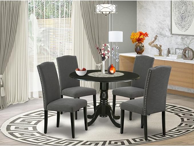 East West Furniture DLEN5-BLK-20 5 Piece Dining Set Includes a Round Dining Room Table with Dropleaf and 4 Dark Gotham Linen Fabric Upholstered Parson Chairs, 42x42 Inch, Black