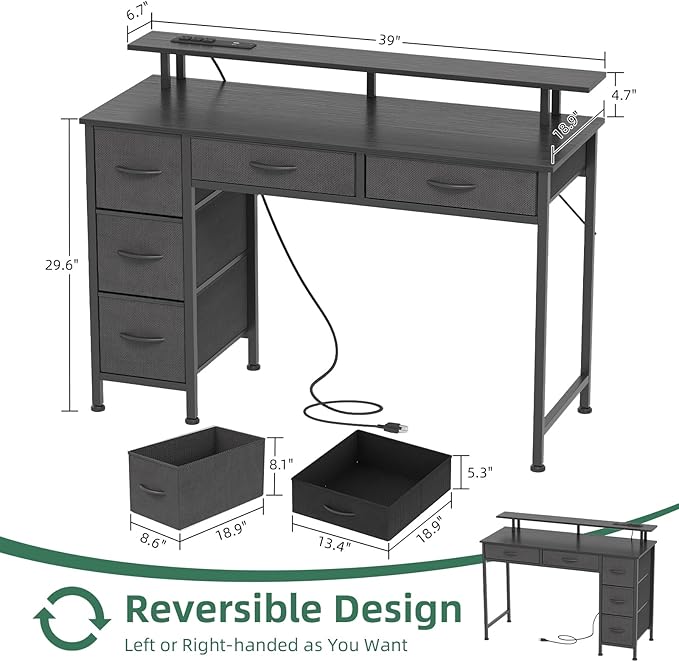 Computer Desk with 5 Drawers, Gaming Desk with LED Lights Power Outlets and Type-C, 39 Inch Office Desk with Storage, Monitor Stand, Writing Desk Work Table for Home Office, Small Spaces, Black