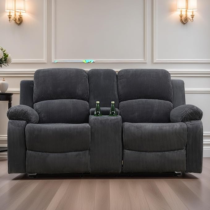 Loveseat Recliner Sofa, Reclining Loveseat Couch with Storage Console, Modern Comfy Home Theater Seating Power Recliner Chair with Cup Holders for Living Room Furniture Sets, Grey