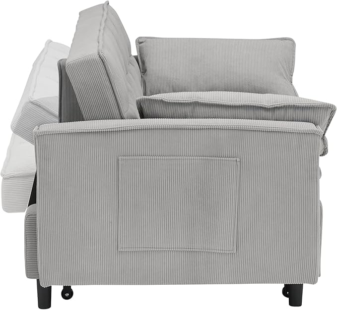 Ball & Cast Convertible Sofa Bed,Pull Out Loveseat Sleeper Sofa,Convertible Pull Out Couch W/2 Pillows,Adjustable Backrest & Side Pocket,Corduroy Futon Couches for Living Room,Apartment,Light Gray,54"