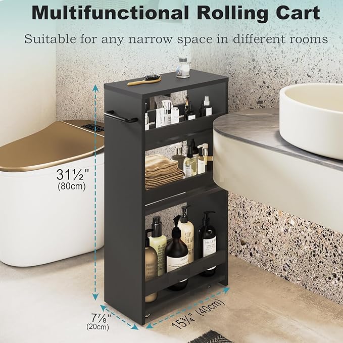 MARTY Rolling Storage Cart 7.9" W, 4-Tier Kitchen Cart with Wheels Handle, Slim Storage Cart Mobile Shelving Utility Carts for Bathroom Laundry Room Organization Narrow Places (All Black)