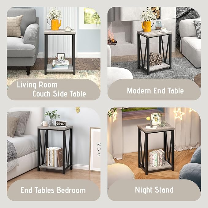 FOLUBAN End Table, Rustic Wood and Metal Side Table with Storage, Modern NightStand for Living Room Bedroom, Small Spaces, Light Grey