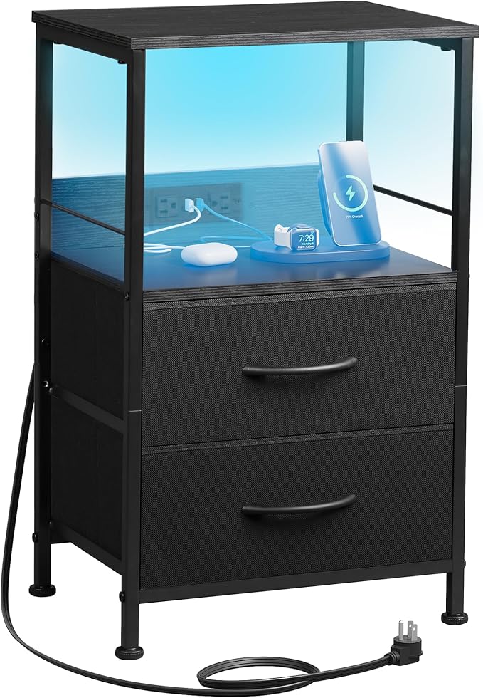 WLIVE LED Night Stand with Charging Station, Black Nightstand with 2 Fabric Drawers and Storage Shelf, Dorm Bedside Table End Table with 2 USB Ports and Outlets, Small Dresser for Bedroom, Living Room