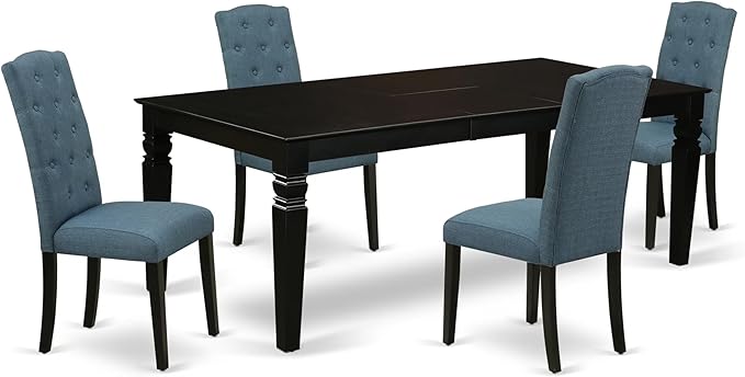 East West Furniture LGCE5-BLK-21 5 Piece Dining Table Set for 4 Includes a Rectangle Kitchen Table with Butterfly Leaf and 4 Mineral Blue Linen Fabric Parson Chairs, 42x84 Inch, Black