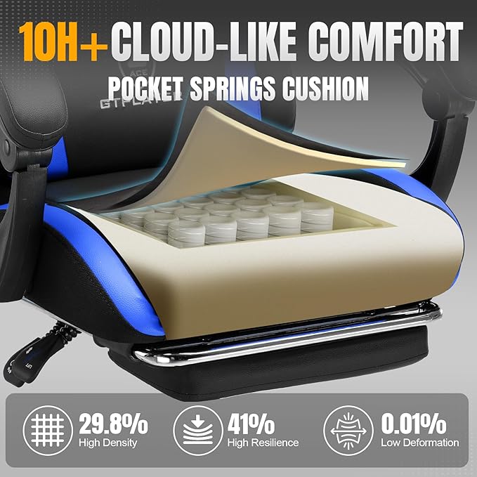 GTRACING Gaming Chair with Foot Rest & Pocket Spring Cushion, Ergonomic High Back Computer Chair with Headrest & 360°-Swivel Seat for Home Office Desk, PU Leather, Blue