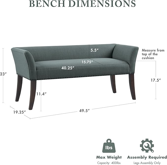 Madison Park Accent Bench, Upholstered with Nailhead Trim, & Padded Seat Entryway Bench Small, End of Bed Bench with Back, 49.5" W x 19.25" D x 23" H, Slate Blue