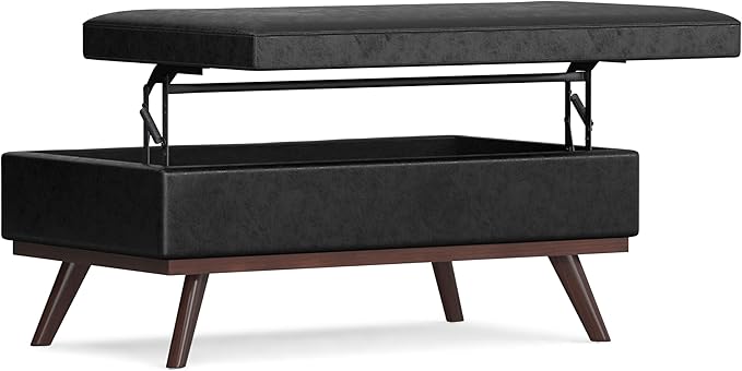 SIMPLIHOME Owen 42 inch Wide Mid Century Modern Rectangle Lift Top Large Coffee Table Storage Ottoman in Distressed Black Vegan Faux Leather, Assembled, for the Living Room, Entryway and Family Room