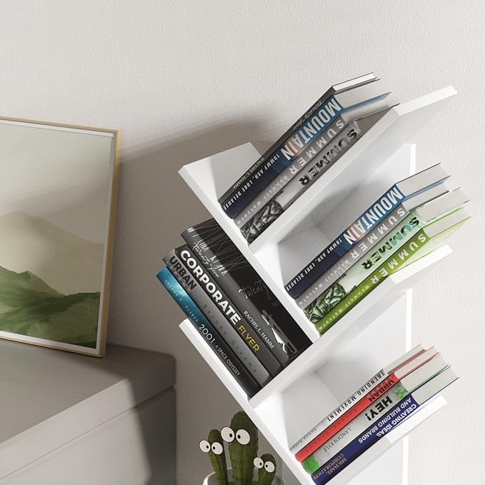5 Tier Tree Book Shelf, Small Desktop Bookshelf with Storage Organizer, Wood Bookcase, Desk Display Bookshelves, Floor Standing Organizer Bookcases for Living Room,Bedroom,Office-White