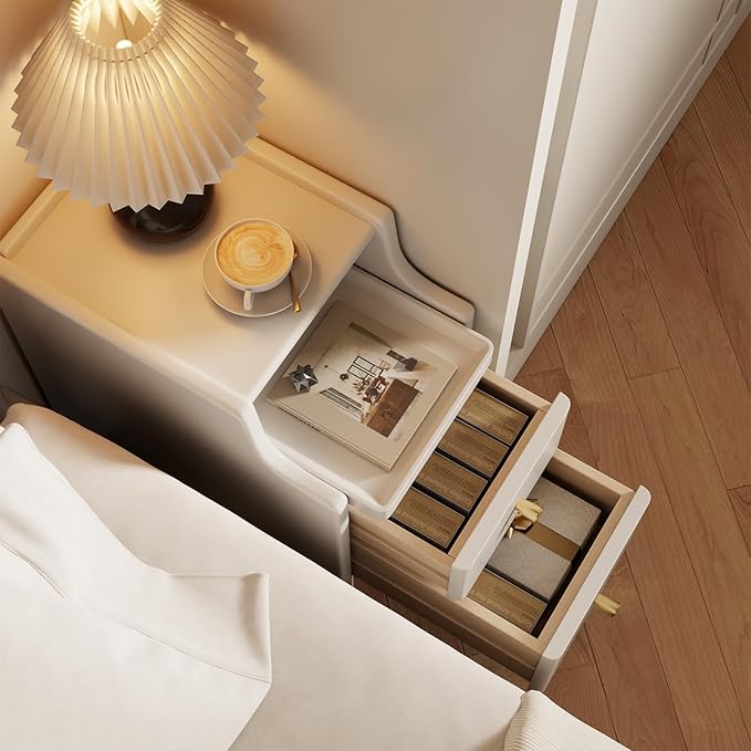 Small Nightstand with Drawers, Solid Wood Bedside Table, Narrow Walnut Nightstand for Bedroom