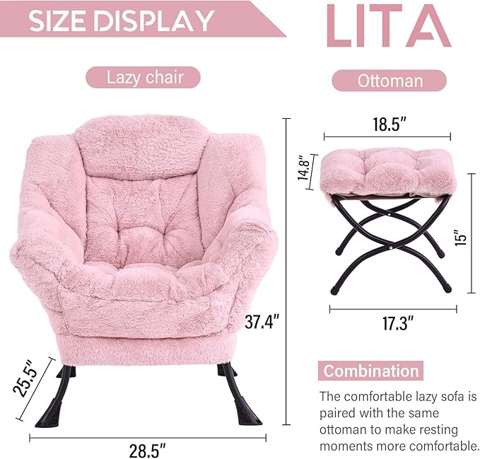 LITA Lazy Chair with Ottoman, Modern Accent Leisure Upholstered Sofa, Contemporary Lounge Reading Chair with Armrests and a Side Pocket for Living Room, Bedroom & Small Spaces, Plush Pink