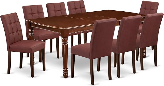 East West Furniture DOAS9-MAH-26 9 Piece Kitchen Table Set Consists A Dinning Table and 8 Burgundy Polyester Fabric Parson Dining Chairs, Mahogany