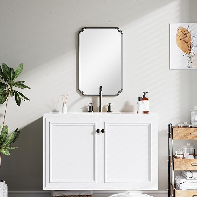 22x34 Inch Black Bathroom Mirror, Metal Framed Wall Mirror with Rounded Edges, Rustproof Horizontal Vertical Hanging for Vanity Over Sink