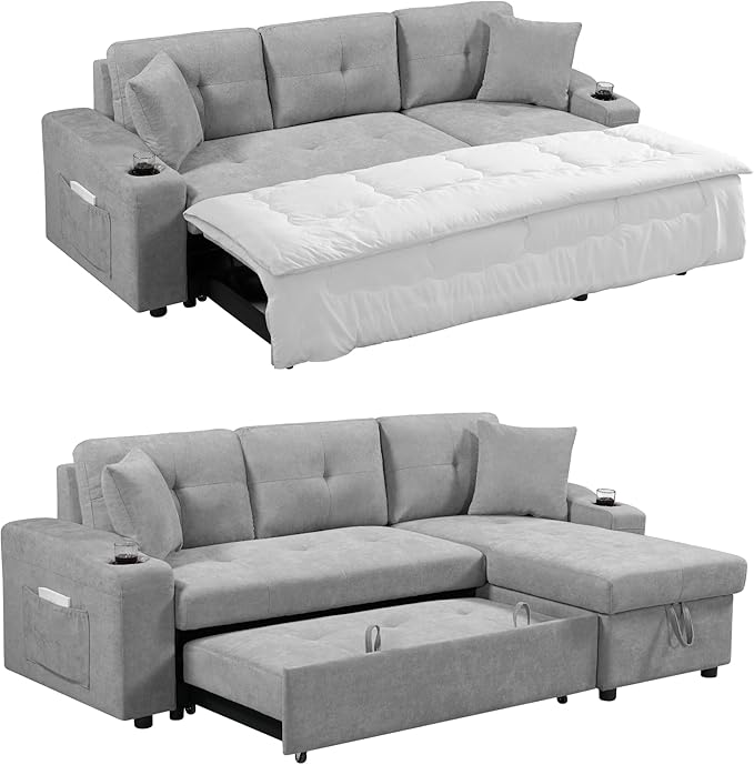 L Shape Pull Out Sofa Bed with Cup Holder, Convertible Sectional Couch with Reversible Chaise Storage, Modular 4 Seat Sofa with Side Pockets, for Living Room, Apartment, Office, Light Gray