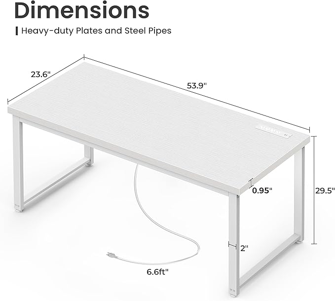 Huuger 55 x 24 inch Desk with Power Outlets & USB-C, Deeper & Thicker Desktop, Robust Metal Tubes, Computer Desk, Heavy Duty Office Desk, Work Gaming Desk for Home Office, White
