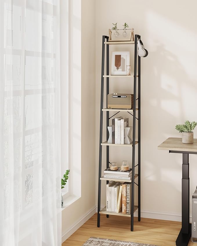 Ladder Shelf, Bookshelf Bookcase, Freestanding Corner Storage Shelve with 2 Hooks for Home Office, Living Room, Kitchen, Bedroom, Industrial, 6-Tier Greige BC13305B