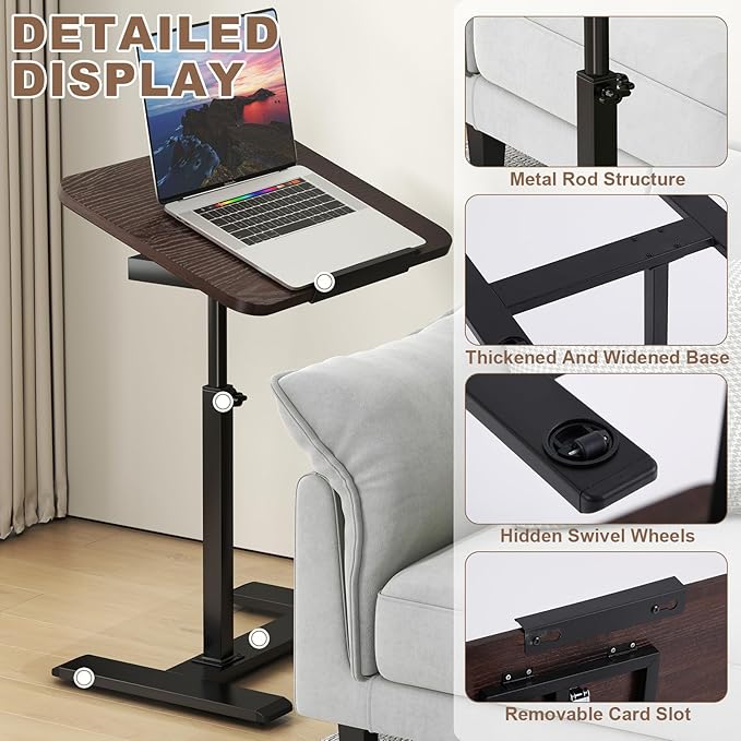 Solid Wood C-Shaped Side Table,360° Rotating TV Tray Table,Height-Adjustable,Sliding Sofa Table,Rolling Laptop Desk for Living Room and Bedroom Use with Sofa,Bed,Chair-Walnut