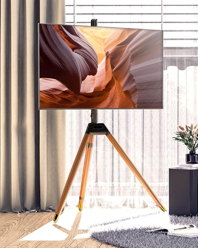 Tripod TV Stand for 32-75 Inch Screen up to 77lbs, Height Adjustable Easel TV Floor Stand with Wood Legs and Cable Ties