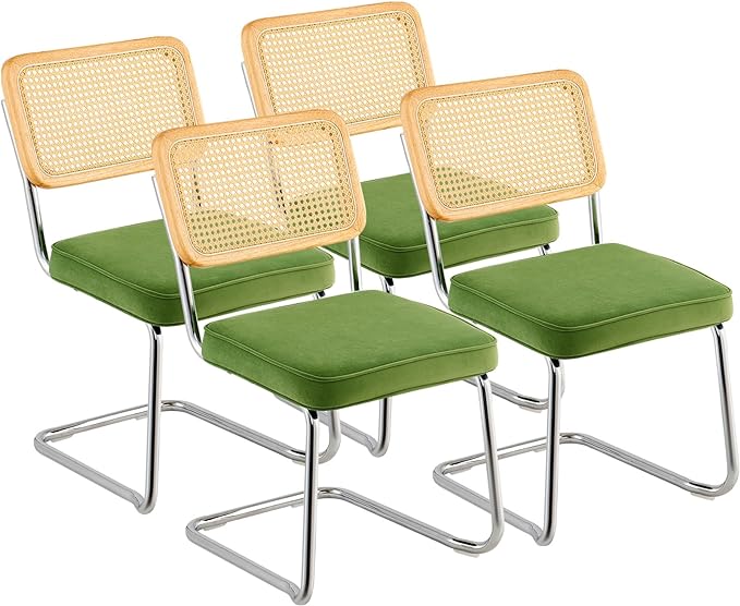 VEVOR Rattan Dining Chairs Set of 4, Mid Century Modern Dining Chair, Upholstered Velvet Accent Chair with Rattan Back, Retro Dining Room Kitchen Chair for Living Room, Bedroom (18.1 Inch)