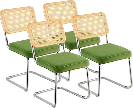 VEVOR Rattan Dining Chairs Set of 4, Mid Century Modern Dining Chair, Upholstered Velvet Accent Chair with Rattan Back, Retro Dining Room Kitchen Chair for Living Room, Bedroom (18.1 Inch)
