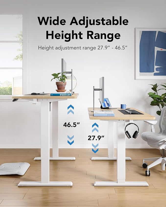 HUANUO 55" x 28" Electric Standing Desk Adjustable Height, 4 Memory Height Settings, Headphone Hook, Cable Manager, Sit Stand Up Desk for Home Office & Computer Workstation, Nature