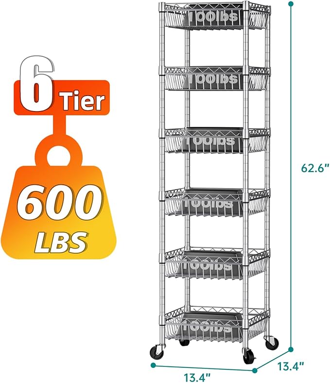 SINGAYE 6 Tier Shelf Adjustable Storage Shelves Rack Standing Units with Wheels Closet Wire Shelving Organizers Metal Pantry Kitchen Laundry Room 13.5" D x 13.5" W x 63" H Silver