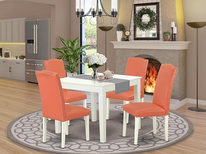 East West Furniture OXEN5-LWH-78 5 Piece Modern Dining Table Set Includes a Square Wooden Table and 4 Pink Flamingo Faux Leather Upholstered Chairs, 36x36 Inch, Linen White