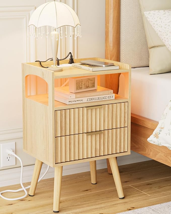 Nightstand with Charging Station and LED Lights,Modern Bedside Table with 2Drawer and Open Shelf,Oak Night Stand with Solid Wood Legs,End Table for Living Room、Bedroom and Small Spaces