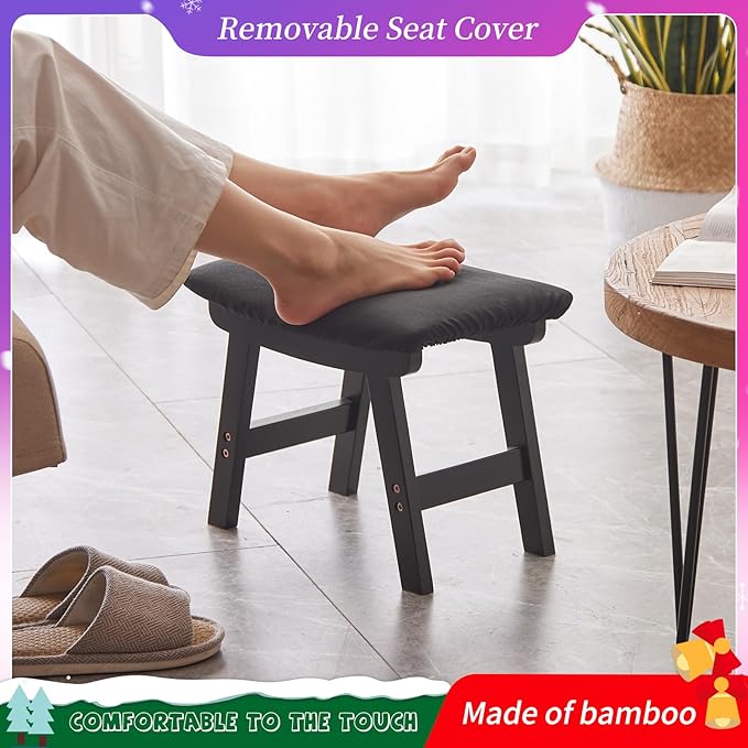 Foot Stool,Ottoman,Bamboo Small Sofa Foot Rest Under Desk,Extra Seating for Living Room, Bedroom and Kitchen (Black Stool Legs - Black Surface)
