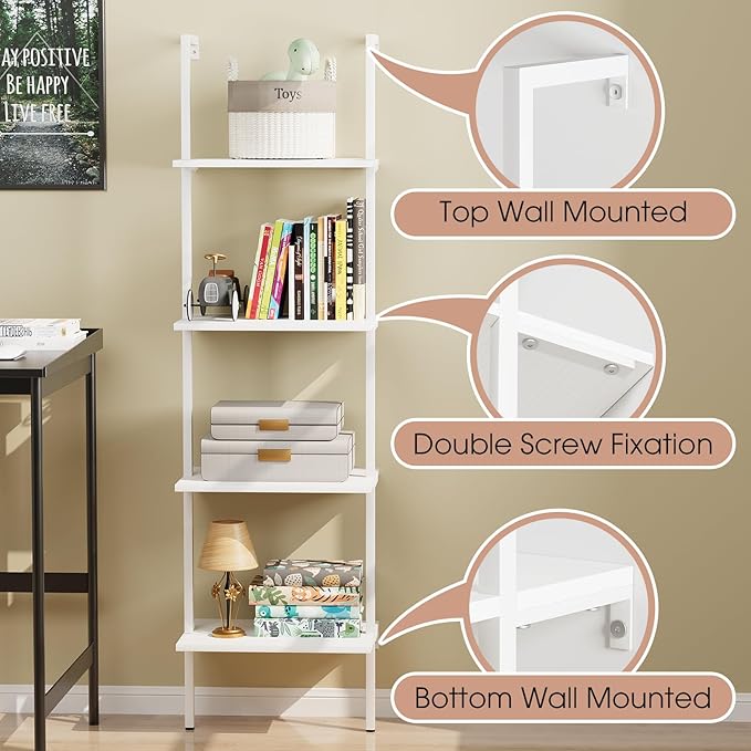 Ladder Shelf 4 Tiers Metal Industrial Bookshelf,White Wooden Tall Open Storage Rack and Display Shelves,Wall Mount Wide Bookcase for Home Office Bedroom,Small
