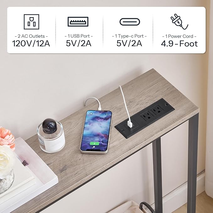 HOOBRO 78.7" Extra Long Sofa Console Table with Charging Station, 2-Tier Behind Couch Table with V-Brace, for Narrow Entryway, Hallway, Living Room, Greige BG206UXG01
