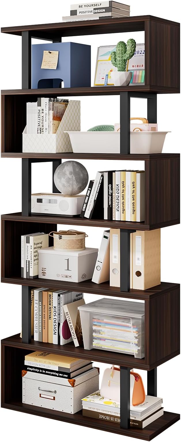 SORCEDAS Bookshelf Geometric Bookcase S Shaped Industrial Bookshelf Storage Display Stand Shelf for Living Room Bedroom and Office Room (Black, 6 Tier)