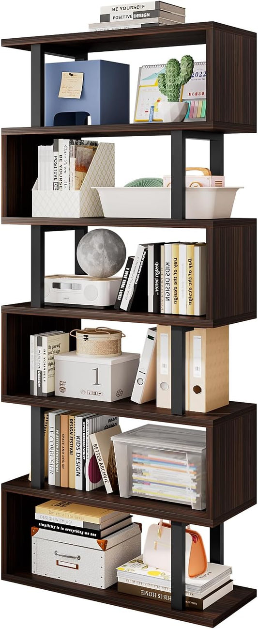 SORCEDAS Bookshelf Geometric Bookcase S Shaped Industrial Bookshelf Storage Display Stand Shelf for Living Room Bedroom and Office Room (Black, 6 Tier)
